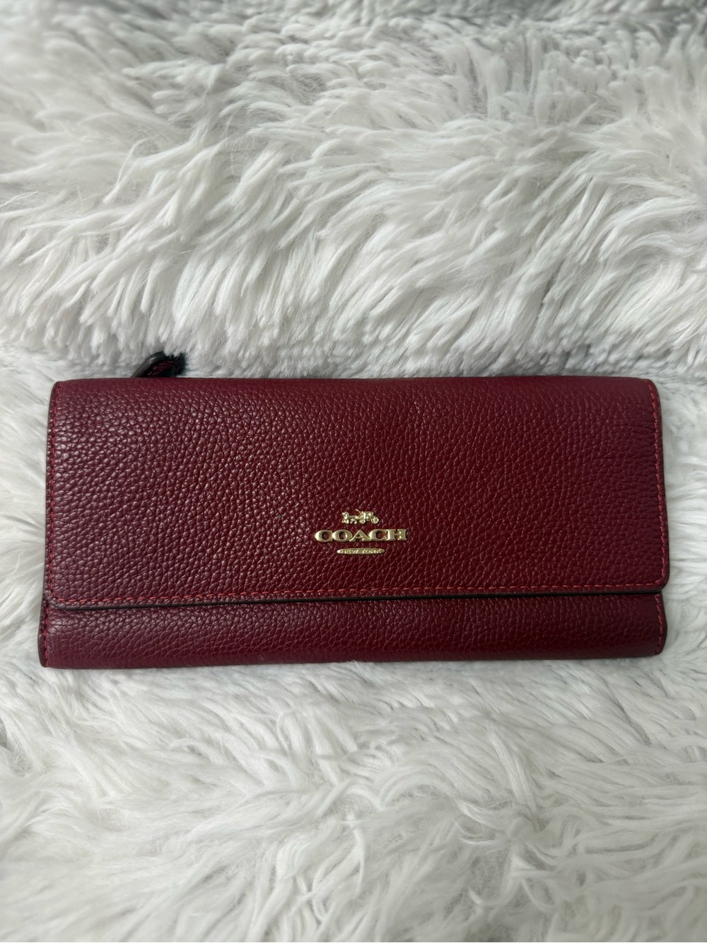 Coach Pebbled Leather Continental Wallet - Burgundy Red with Gold Logo